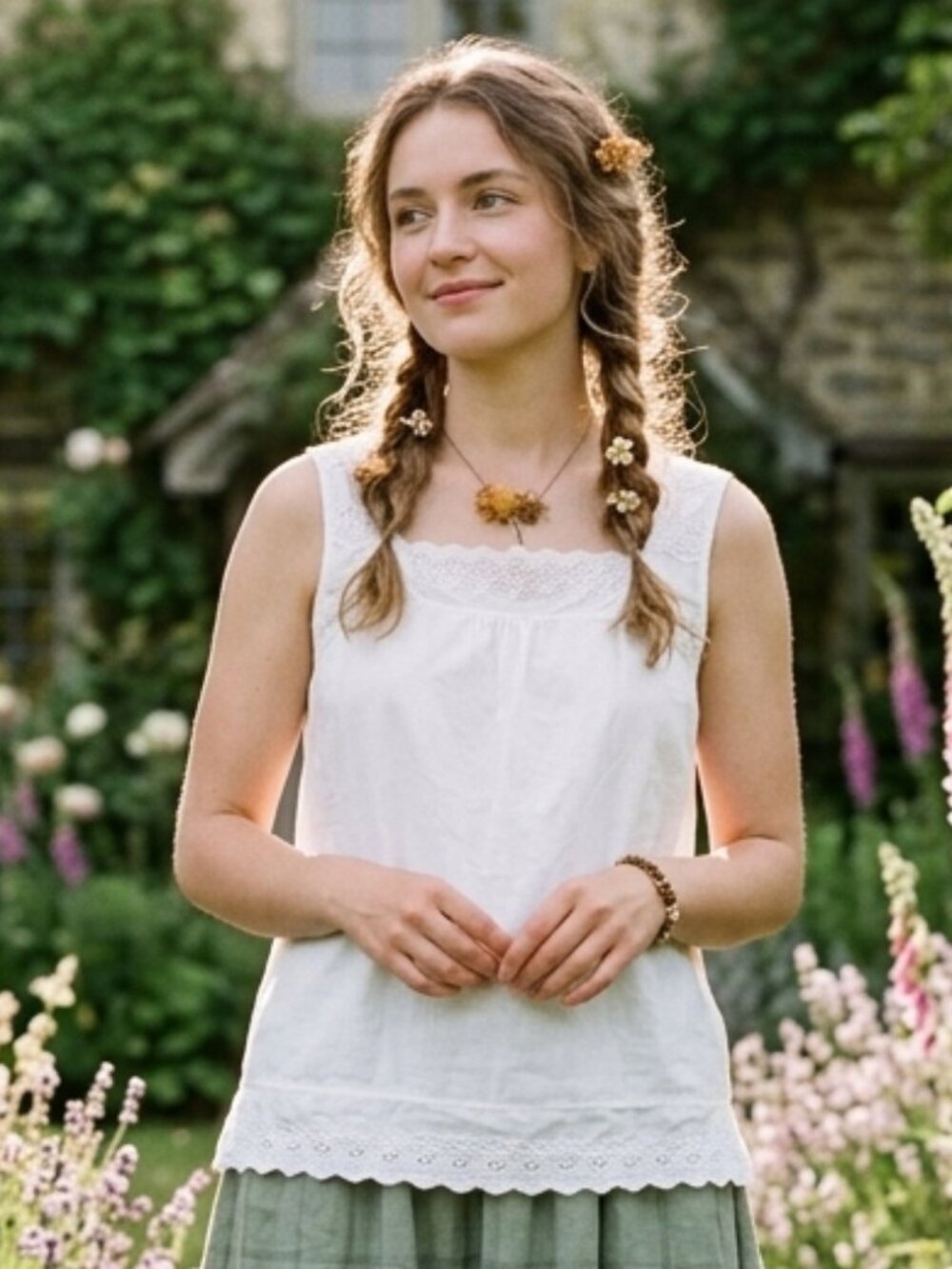 Cottagecore J. Jill White 100% Cotton Eyelet Lace Trim Tank Top L
